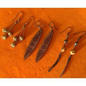 Vintage Wood and Metal Earrings, SET of 3, Unmarked